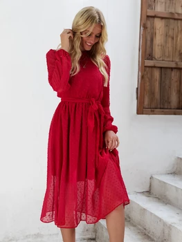 Ежедневното шифоновое рокля с колан и принтом в грах, женствена рокля трапецовидна форма със свободна талия и дълъг ръкав, женствена червена рокля midi, пролет