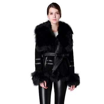 Дамско палто от естествена кожа с яка от лисьего кожа, ръкавели и подолом, черно яке Fur Story FS13055