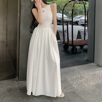 Корейското однотонное ежедневна елегантна рокля със средна дължина, женски лятото новост 2023, сексуална дебнещ универсално рокля без ръкави