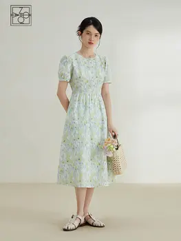 ZIQIAO, 100% памук, френското рокля с цветен модел за жени, лятно нова рокля с пищни ръкави, лека пола със средна дължина, за чай, дълга пола за жените