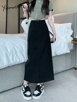 Женска пола с цепка Yitimuceng 2023, нови модни поли-карго трапецовидна форма, с висока талия, градинска ежедневни черна пола миди с джобове