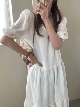 Годишната дама в корейски стил, елегантен V-образно деколте, плиссированное Свободно бяло просто однотонное рокля с пищни ръкави, за дамски макси рокли