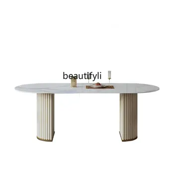 Бяла овална маса за кухня, лъскава каменна плака, Модерен, светъл луксозен маса И столове, Проста мебели в скандинавски постмодерне