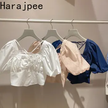 Harajpee Clothing Хубава Дамска Блуза В Японски Стил Пролет Лято 2023, Нова Однотонная Тънка Лейси Риза С Къс Буйни Ръкав И Квадратни Деколтета, Топ