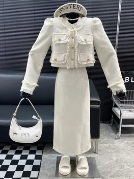 Елегантни дамски комплекти, класически модерен туид яке, палто и дълга пола Макси с висока талия, дамски памучен комплект от 2 теми, екипировки 2022