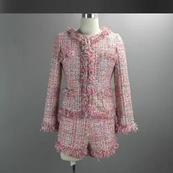 Розово туид яке + шорти, костюм с пайети, 2020 пролетно-есенни дамски якета, тънък вълнен костюм от 2 теми, дамско палто