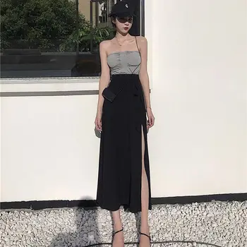 Черна дълга пола жена с прерязано, елегантна наметало, реколта секси корейската мода, градинска облекло в стил харадзюку, висока талия, пролет-лято