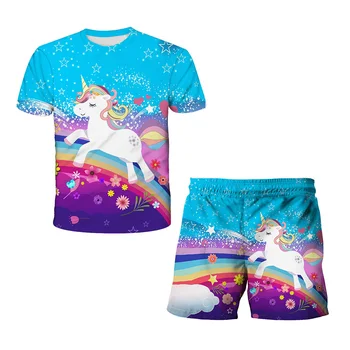 2023 Детски ежедневни костюми за малките момичета, Детски празнична тениска с Единорогом + къси панталони, Костюми, Блузи, Къса риза, Костюм за деца от 3 до 14 години