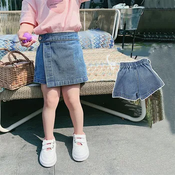 Детски дънкови шорти, новост лятото 2023 еластичен колан, ежедневни модерна къса пола за момичета, детски дрехи