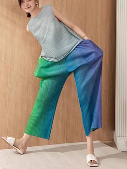 Плисирани панталони YUDX Miyake, цветни панталони с прав штанинами, с принтом и оцветяване, с преливащи се цветове панталони с девет точки, за прибиране превключвател за панталони