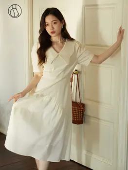Еластичната жаккардовая плат във френски стил DUSHU, уменьшающее възраст рокля с яка на врата-папийонка за жени, лятото е сладка рокля с висока талия за жени
