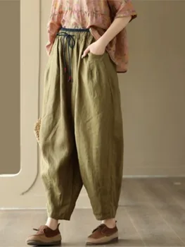 Дамски ленени панталони 2023, лято-есен, ежедневни свободни прости панталони с бродерия, нови панталони с завязками, универсални панталони с дължина до глезена