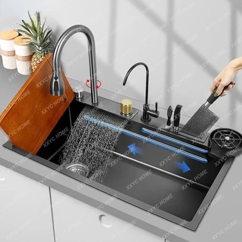 Кухненска Мивка с Водопад от неръждаема Стомана, черна Голяма единична купа с Мулти-сензорен водопадным кран