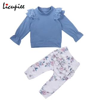 Есенна дрехи за малките момичета, от 1 до 4 години, 2 броя, Синьо монофонични дантелен Топ с дълги ръкави, Тениска + Дълги Панталони с флорални принтом, Мек памучен облекло
