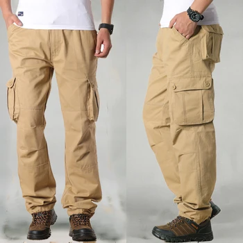 Мъжките ежедневни панталони, панталони с много джобове, свободни улични обикновен панталон-карго голям размер, памучни директни младежки спортни панталони