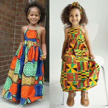 Детско богемное рокля за момичета, африканските традиционни без ръкави, рокли, ежедневни летни плажни поли дашики с отворен гръб и каишка от 1 до 6 години