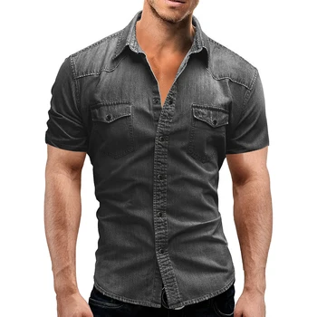 2022 Мъжки летни дънкови тънка риза от Мек памук с къс ръкав и два джоба, Тънки Дънки на лека еластична лента, ковбойская риза, Дрехи