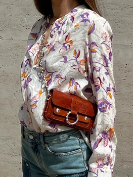Дамска риза с графичен принтом под формата на букви и цветове ZESSAM, годишен женски отгоре с V-образно деколте и дълги ръкави, ежедневни класически реколта удобна дамска блуза