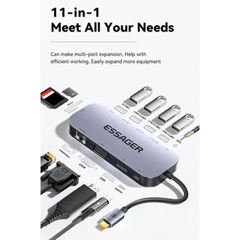 11 в 1 зарядно устройство за високоскоростен USB концентратор поддържа бързо зареждане с мощност 100 Вата HD Докинг станция type-c Мултифункционален ХЪБ 4K Gigabit