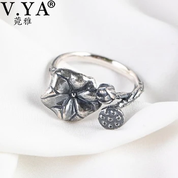 V. YA Ladies Lotus Lotus Leaf Сребърен пръстен Винтажное Сребро S925, Открит Древен Пръстен Ръчно изработени Сватбени и Годежни Пръстени, Бижута