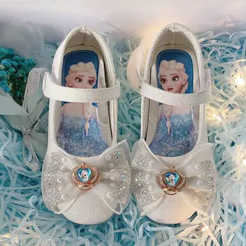Обувки принцеса Елза за момичета Disney, пролетно обувки, кожени обувки с мека подметка, расшитая с пайети, обувки с кристали, сребристо-розови обувки за момичета, Размер 25-35