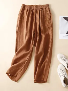 Дамски ленени панталони зреещи с бродерия, одноцветное продукт, Лято-есен, 2023, еластичен колан, джобове, ежедневни свободни панталони, женски