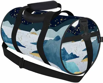 Планини, дървета, пътна спортна чанта, абстрактно сияние на Луната, текстурирани мазилка, златни елементи, нощен чанта за пътуване, спортна чанта-тоут, спортна чанта