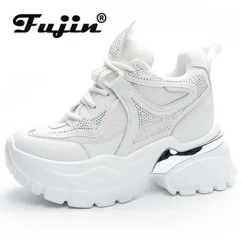 Fujin 9 см, естествена кожа, дамски модни огромни обувки с кристали, пролет-лято-есен, дишащи обувки на платформа и танкетке
