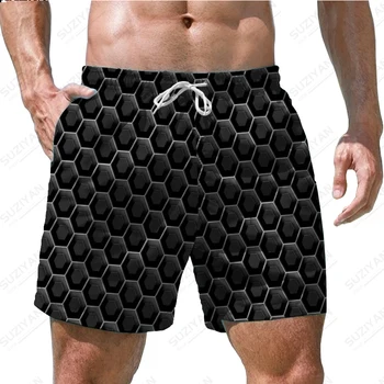 Хит на продажбите, нови мъжки къси панталони и плажни панталони през лятото 2023 г., мъжки къси панталони в хавайски плажния стил в клетка с 3D принтом във вид на пчелни клетки