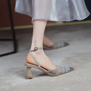 2022 Летни дамски сандали на дебел висок ток с остър пръсти и каишка на щиколотке; Обувки-лодка от вкара тъкан