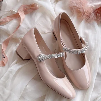 Модерни ежедневни дамски обувки на висок ток с кръгла пръсти, украсени с пайети, на дебелите обувки, пролетно-есенна новост 2023 г., женски тънки обувки Mary Jane