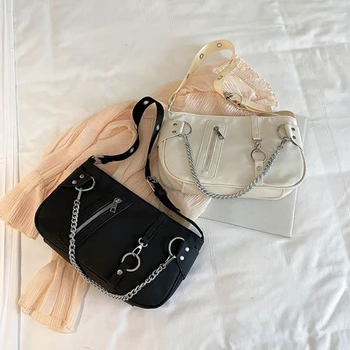 Реколта найлонови дамски спортни чанти-незабавни посланици през рамо, стилна чанта-скитник от изкуствена кожа с веригата през рамо, дамски ежедневни чанти за срещи