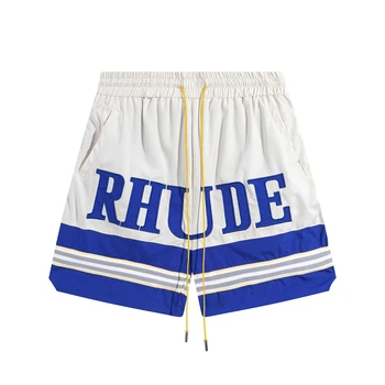 Нов стил, къси панталони Rhude, дамски ежедневни гащички в ивица с лента, вътрешен мрежест джоб с бродерия, етикети с логото на