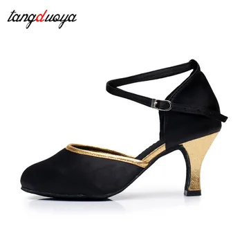 Обувки за латино танци, дамски черни копринени обувки за танго, салса, джаз, за момичета, професионални обувки за танци балната зала, дамски обувки на висок ток 5/7 см, Tangduoya