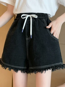 SURMIITRO M-6XL Плюс Размера на Дънкови Шорти дамски 2023 Лятна корейската Мода Свободни Черни Къси Панталони с пискюли и висока талия, Дамски дънки