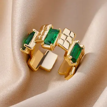 Правоъгълни пръстени от неръждаема стомана със зелен цирконием за жени, винтажное златното широко пръстен, няколко брачни халки, луксозни дизайнерски бижута Правоъгълни пръстени от неръждаема стомана със зелен цирконием за жени, винтажное златното широко пръстен, няколко брачни халки, луксозни дизайнерски бижута 1