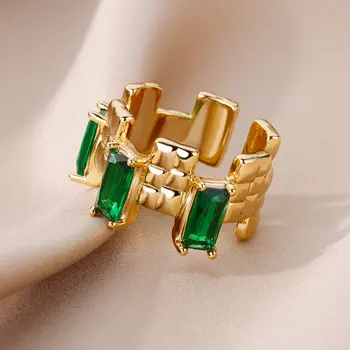 Правоъгълни пръстени от неръждаема стомана със зелен цирконием за жени, винтажное златното широко пръстен, няколко брачни халки, луксозни дизайнерски бижута Правоъгълни пръстени от неръждаема стомана със зелен цирконием за жени, винтажное златното широко пръстен, няколко брачни халки, луксозни дизайнерски бижута 2