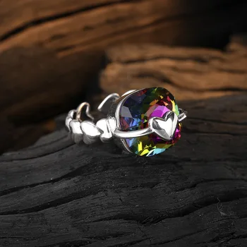Винтажное отворен пръстен с цветен цирконием и диамантен пръстен, дамска мода, Сладка Любов, Лесно регулируем пръстен на показалеца, бижута Винтажное отворен пръстен с цветен цирконием и диамантен пръстен, дамска мода, Сладка Любов, Лесно регулируем пръстен на показалеца, бижута 2