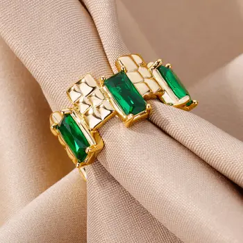 Правоъгълни пръстени от неръждаема стомана със зелен цирконием за жени, винтажное златното широко пръстен, няколко брачни халки, луксозни дизайнерски бижута Правоъгълни пръстени от неръждаема стомана със зелен цирконием за жени, винтажное златното широко пръстен, няколко брачни халки, луксозни дизайнерски бижута 3
