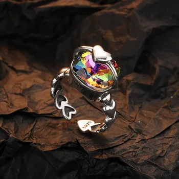 Винтажное отворен пръстен с цветен цирконием и диамантен пръстен, дамска мода, Сладка Любов, Лесно регулируем пръстен на показалеца, бижута Винтажное отворен пръстен с цветен цирконием и диамантен пръстен, дамска мода, Сладка Любов, Лесно регулируем пръстен на показалеца, бижута 3