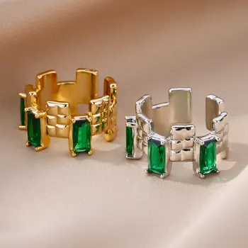 Правоъгълни пръстени от неръждаема стомана със зелен цирконием за жени, винтажное златното широко пръстен, няколко брачни халки, луксозни дизайнерски бижута Правоъгълни пръстени от неръждаема стомана със зелен цирконием за жени, винтажное златното широко пръстен, няколко брачни халки, луксозни дизайнерски бижута 4